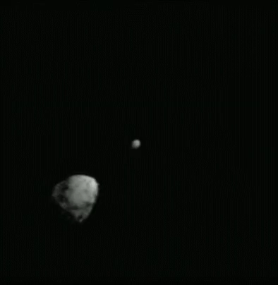 First person view of a satellite crashing into an astroid